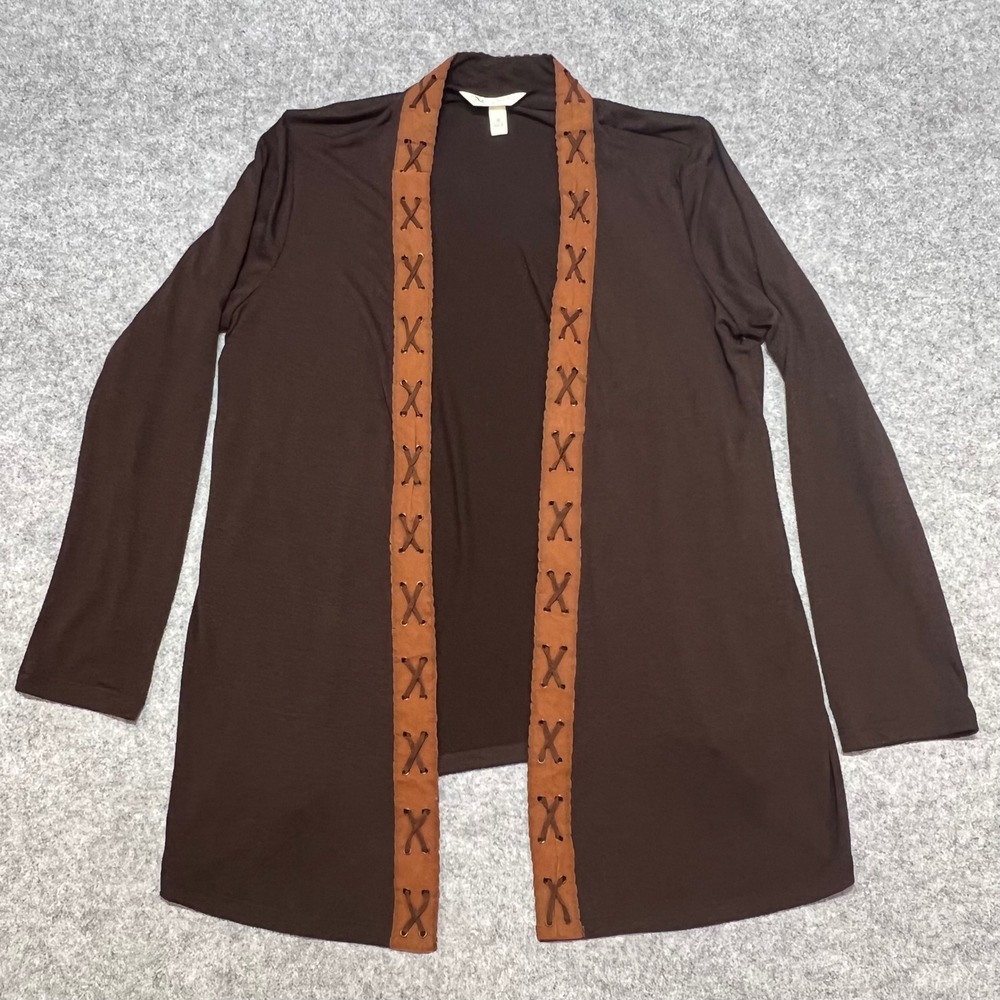 Krazy Kat Womens Brown Open Front Cardigan Lace Up Faux Suede Trim Size M